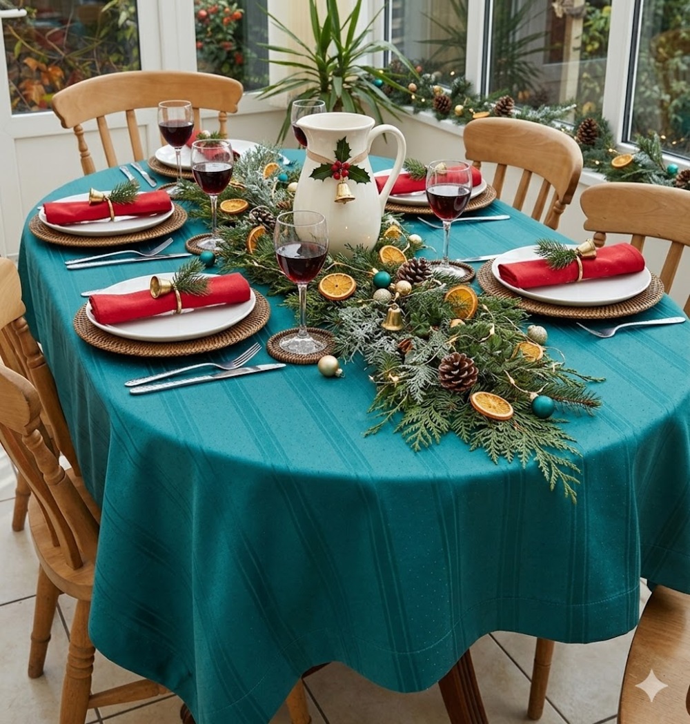 Vintage Christmas Green Tablecloth 80s Minimalist Dining Decor rectangle 100x60